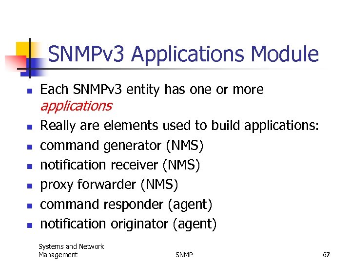 SNMPv 3 Applications Module n Each SNMPv 3 entity has one or more applications