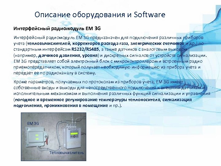 Описание оборудования и Software Интерфейсный радиомодуль EM 3 G предназначен для подключения различных приборов
