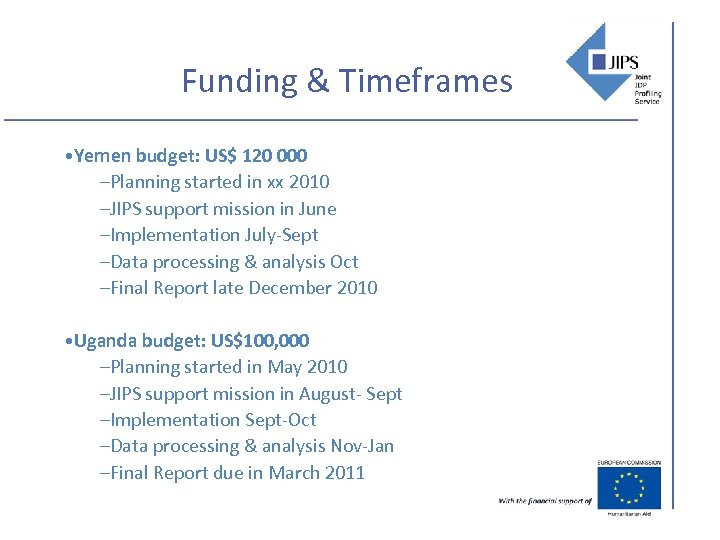 Funding & Timeframes • Yemen budget: US$ 120 000 –Planning started in xx 2010