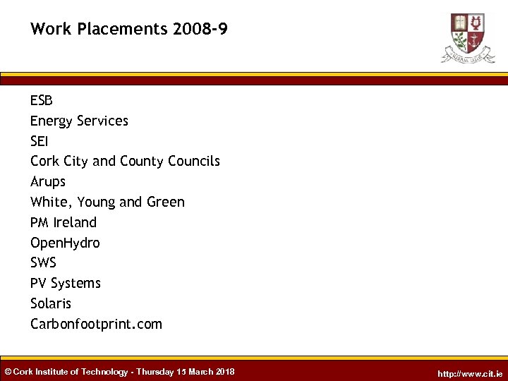 Work Placements 2008 -9 ESB Energy Services SEI Cork City and County Councils Arups
