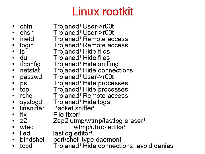 Linux rootkit • • • • • chfn chsh inetd login ls du ifconfig