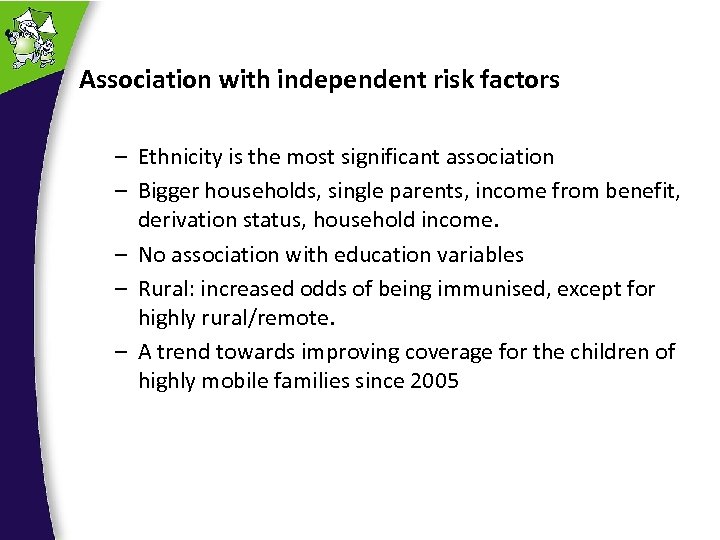 Association with independent risk factors – Ethnicity is the most significant association – Bigger