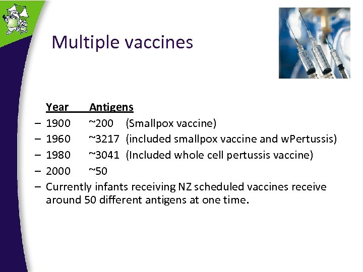 Multiple vaccines – – – Year Antigens 1900 ~200 (Smallpox vaccine) 1960 ~3217 (included