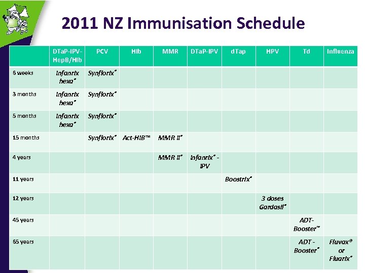 2011 NZ Immunisation Schedule DTa. P-IPVHep. B/Hib PCV 6 weeks Infanrix hexa® 5 months