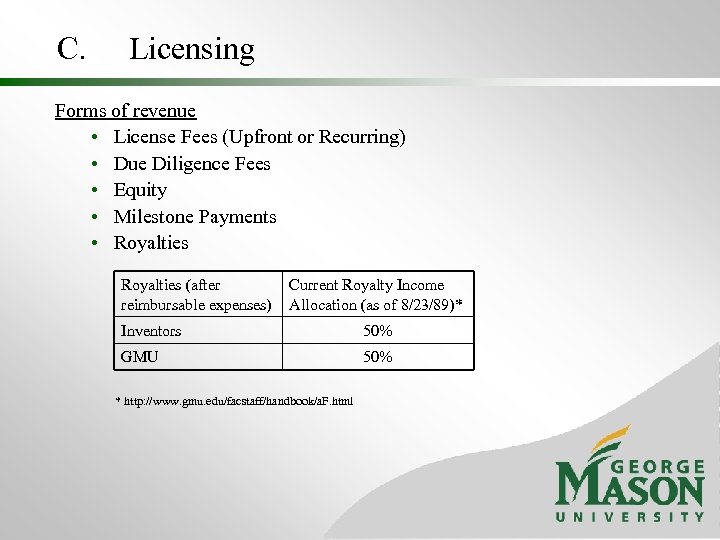 C. Licensing Forms of revenue • License Fees (Upfront or Recurring) • Due Diligence