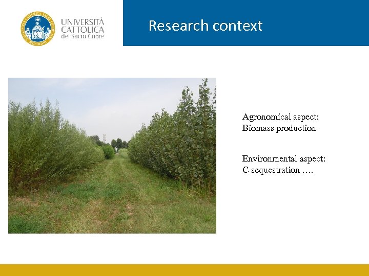 Research context Agronomical aspect: Biomass production Environmental aspect: C sequestration …. 