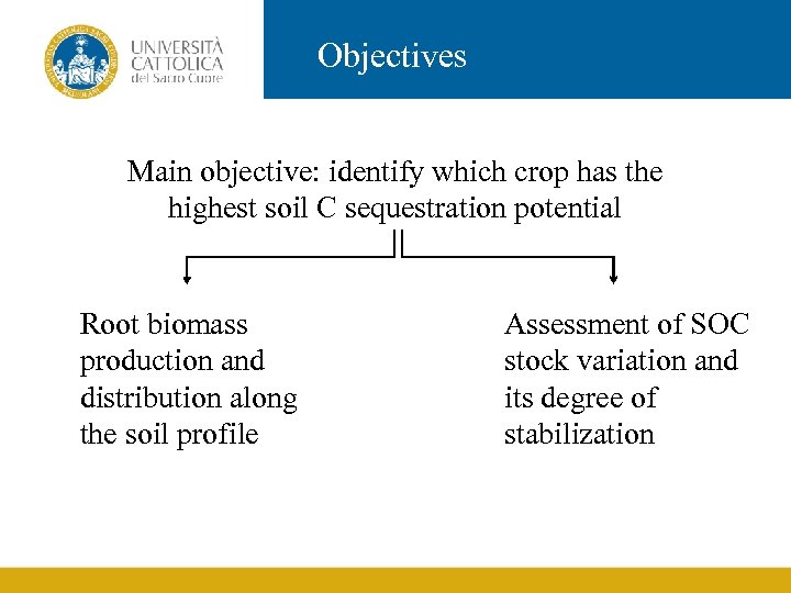 Objectives Main objective: identify which crop has the highest soil C sequestration potential Root