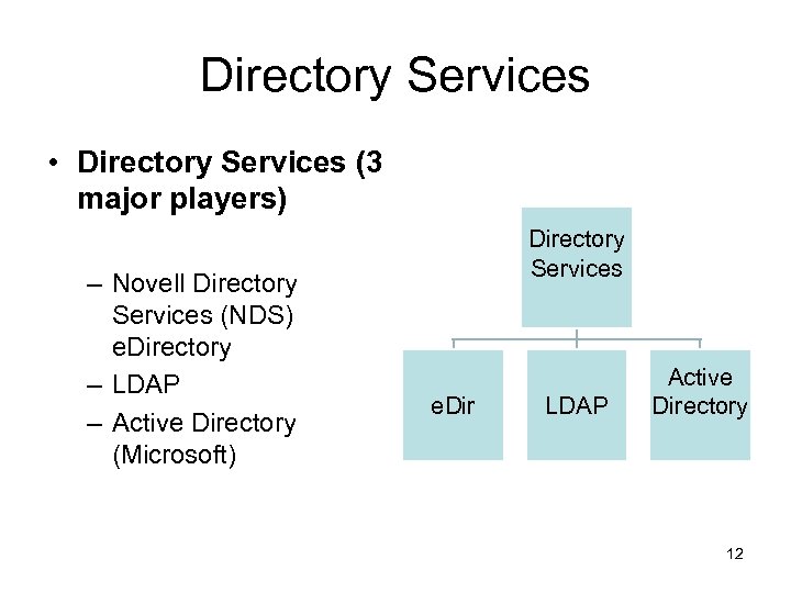 Directory Services • Directory Services (3 major players) – Novell Directory Services (NDS) e.