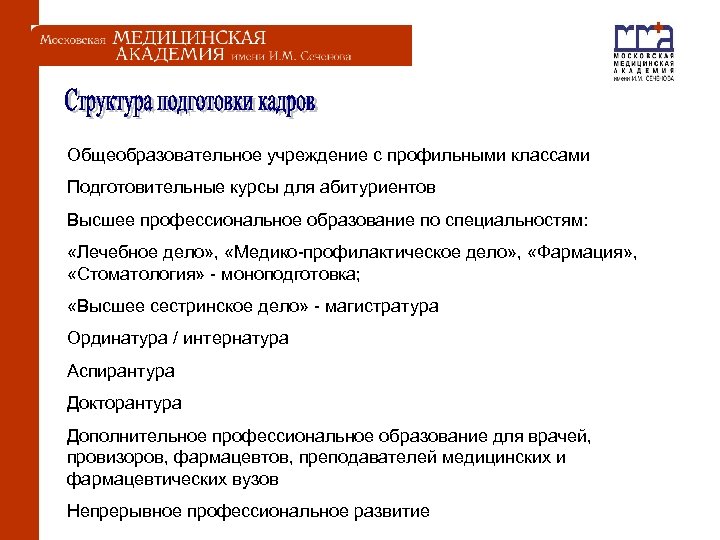  Общеобразовательное учреждение с профильными классами Подготовительные курсы для абитуриентов Высшее профессиональное образование по