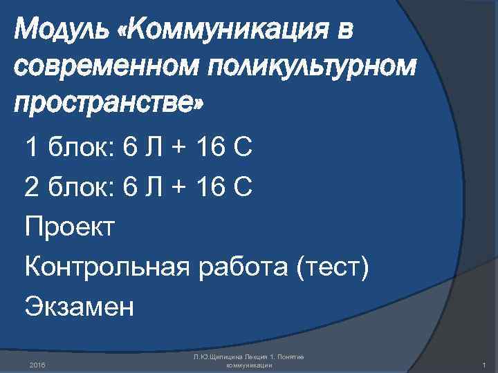 Модуль «Коммуникация в современном поликультурном пространстве» 1 блок: 6 Л + 16 С 2