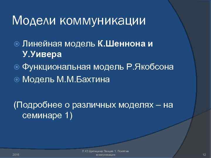 Модели коммуникации Линейная модель К. Шеннона и У. Уивера Функциональная модель Р. Якобсона Модель