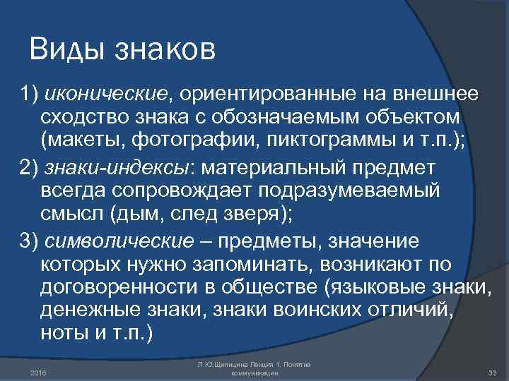 Виды знаков 1) иконические, ориентированные на внешнее сходство знака с обозначаемым объектом (макеты, фотографии,