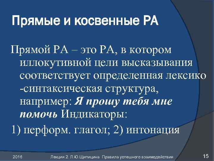 Прямые и косвенные РА Прямой РА – это РА, в котором иллокутивной цели высказывания