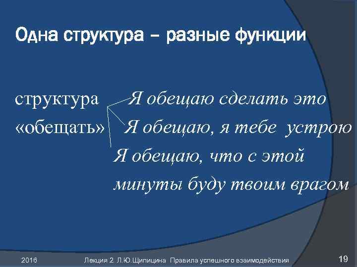 Одна структура – разные функции структура «обещать» 2016 Я обещаю сделать это Я обещаю,