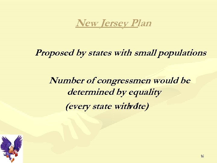 New Jersey Plan Proposed by states with small populations Number of congressmen would be