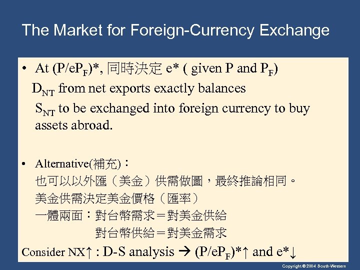 The Market for Foreign-Currency Exchange • At (P/e. PF)*, 同時決定 e* ( given P