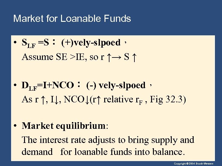 Market for Loanable Funds • SLF =S： (+)vely-slpoed， Assume SE >IE, so r ↑→