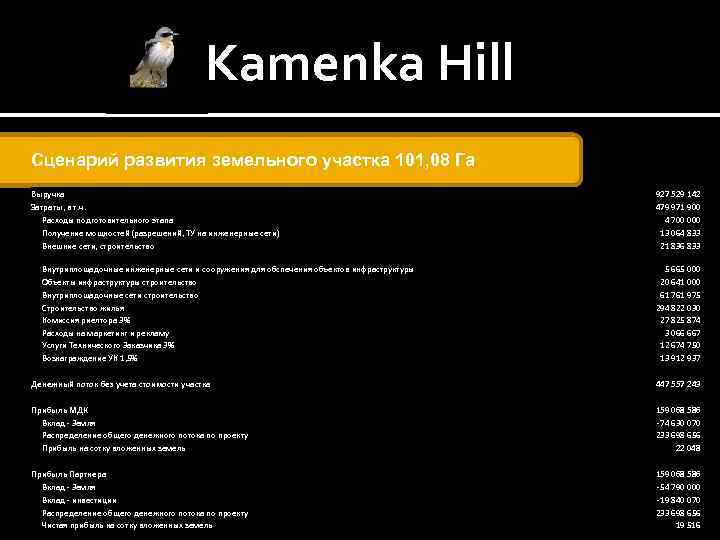 Kamenka Hill Сценарий развития земельного участка 101, 08 Га Выручка Затраты, в т. ч.