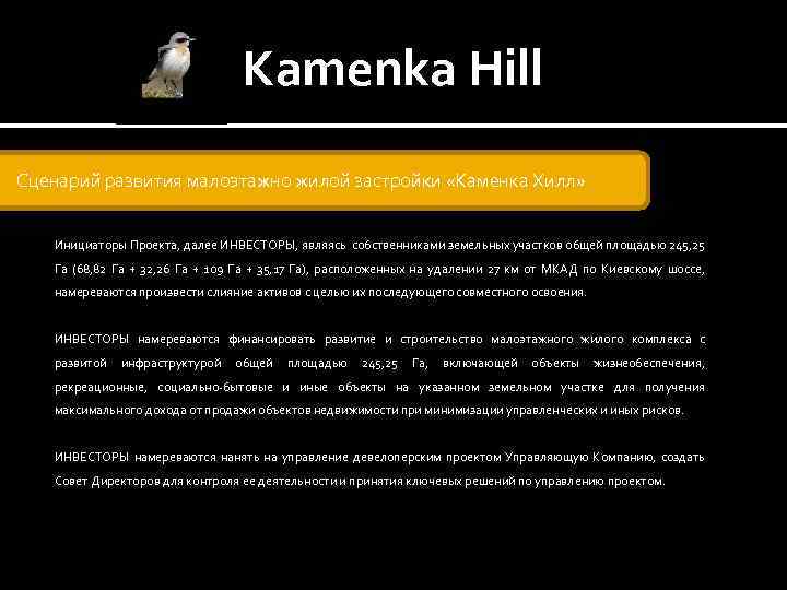 Kamenka Hill Сценарий развития малоэтажно жилой застройки «Каменка Хилл» Инициаторы Проекта, далее ИНВЕСТОРЫ, являясь