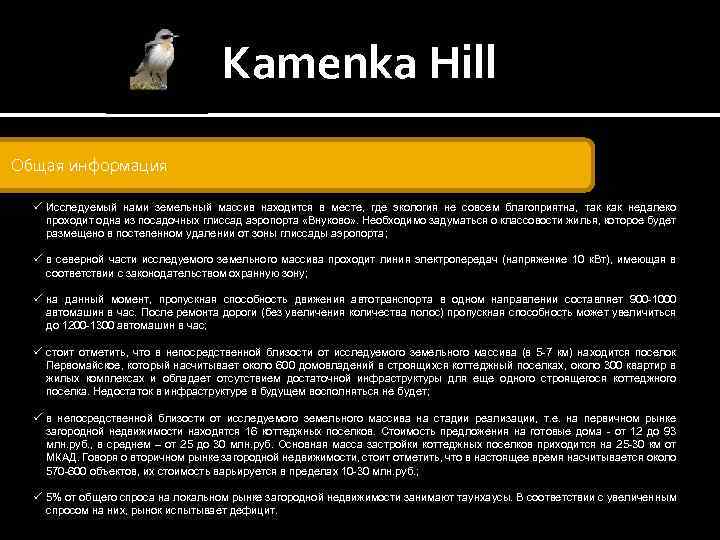 Kamenka Hill Общая информация ü Исследуемый нами земельный массив находится в месте, где экология