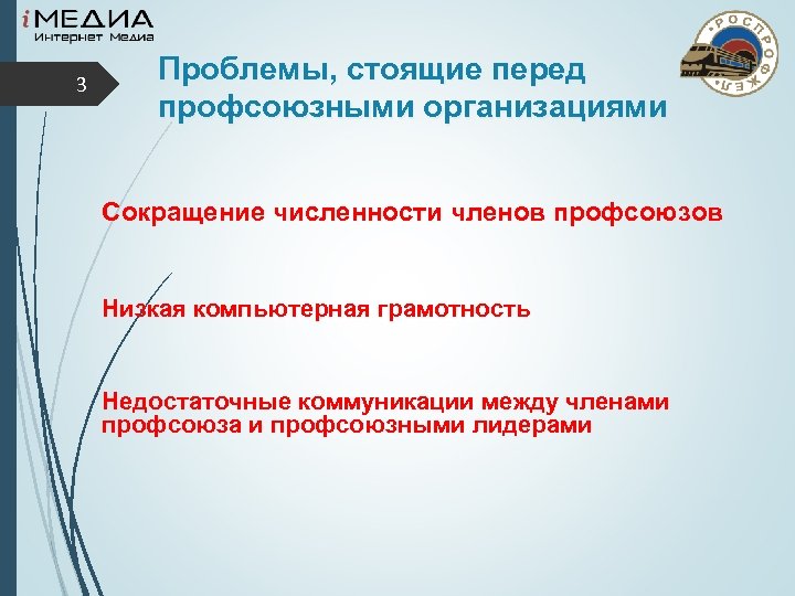 3 Проблемы, стоящие перед профсоюзными организациями Сокращение численности членов профсоюзов Низкая компьютерная грамотность Недостаточные