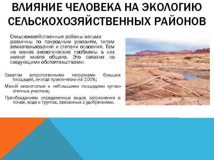 ВЛИЯНИЕ ЧЕЛОВЕКА НА ЭКОЛОГИЮ СЕЛЬСКОХОЗЯЙСТВЕННЫХ РАЙОНОВ Сельскохозяйственные районы весьма различны по природным условиям, типам