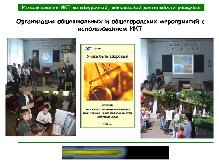 Использование ИКТ во внеурочной, внеклассной деятельности учащихся Организация общешкольных и общегородских мероприятий с использованием
