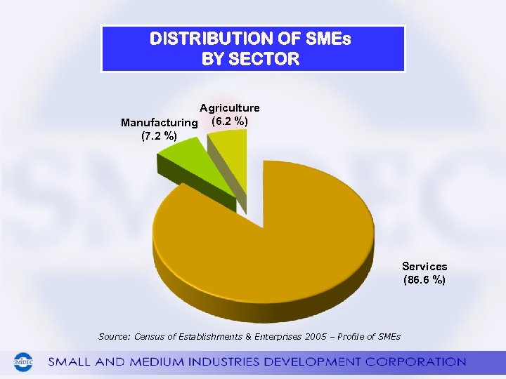 DISTRIBUTION OF SMEs BY SECTOR Agriculture Manufacturing (6. 2 %) (7. 2 %) Services