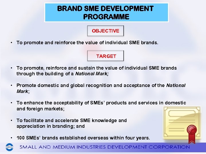 BRAND SME DEVELOPMENT PROGRAMME OBJECTIVE • To promote and reinforce the value of individual