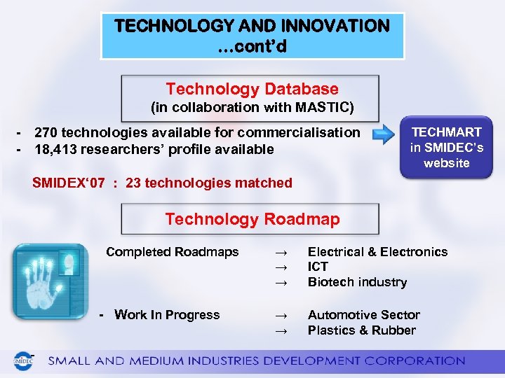 TECHNOLOGY AND INNOVATION …cont’d Technology Database (in collaboration with MASTIC) - 270 technologies available