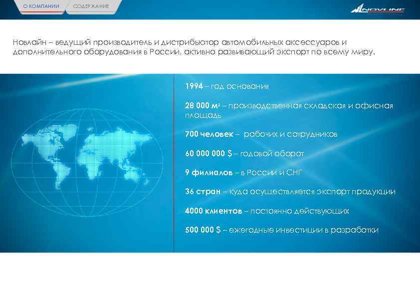 О КОМПАНИИ СОДЕРЖАНИЕ Новлайн – ведущий производитель и дистрибьютор автомобильных аксессуаров и дополнительного оборудования