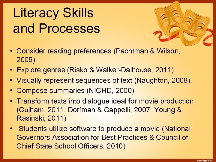 Literacy Skills and Processes • Consider reading preferences (Pachtman & Wilson, 2006) • Explore