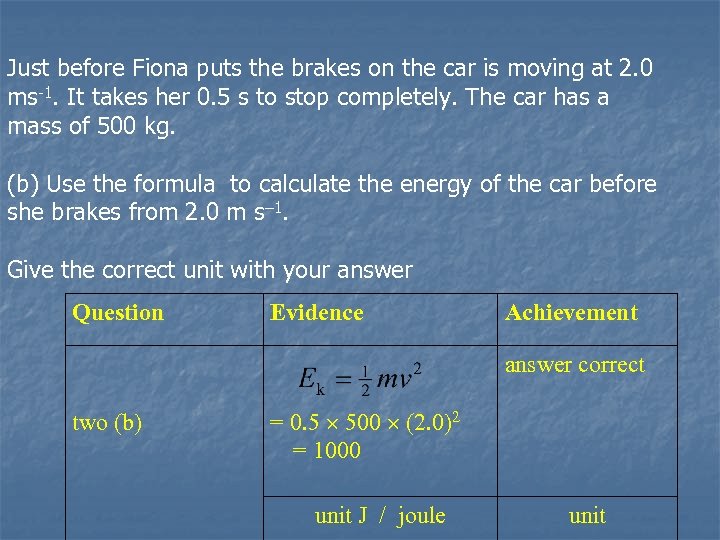 Just before Fiona puts the brakes on the car is moving at 2. 0