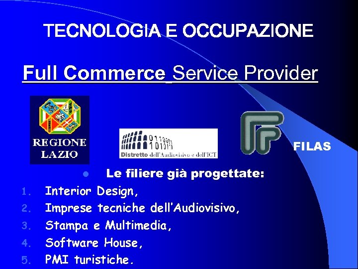 TECNOLOGIA E OCCUPAZIONE Full Commerce Service Provider FILAS Le filiere già progettate: Interior Design,