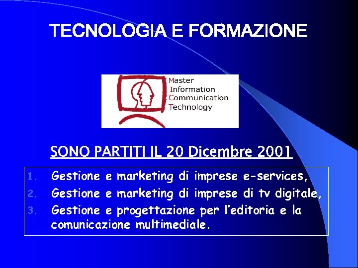 TECNOLOGIA E FORMAZIONE SONO PARTITI IL 20 Dicembre 2001 1. 2. 3. Gestione e