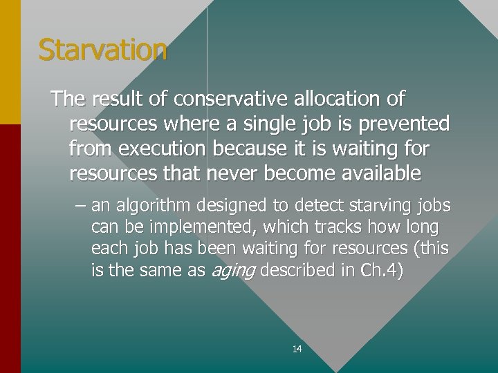 Starvation The result of conservative allocation of resources where a single job is prevented