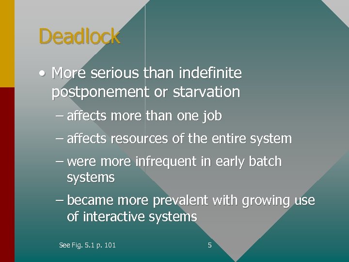 Deadlock • More serious than indefinite postponement or starvation – affects more than one