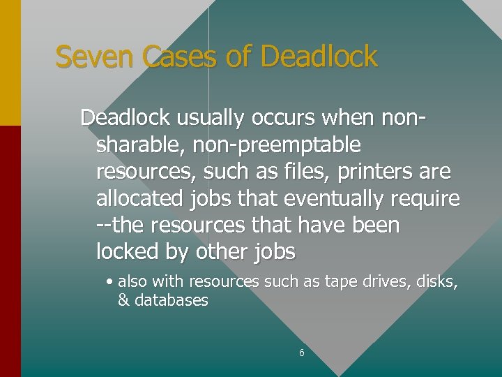 Seven Cases of Deadlock usually occurs when nonsharable, non-preemptable resources, such as files, printers