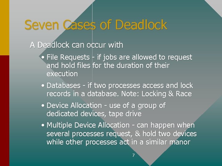 Seven Cases of Deadlock A Deadlock can occur with • File Requests - if