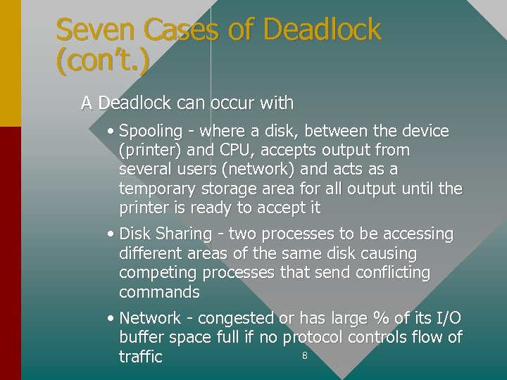Seven Cases of Deadlock (con’t. ) A Deadlock can occur with • Spooling -