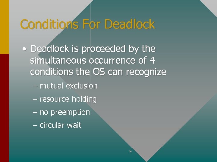 Conditions For Deadlock • Deadlock is proceeded by the simultaneous occurrence of 4 conditions