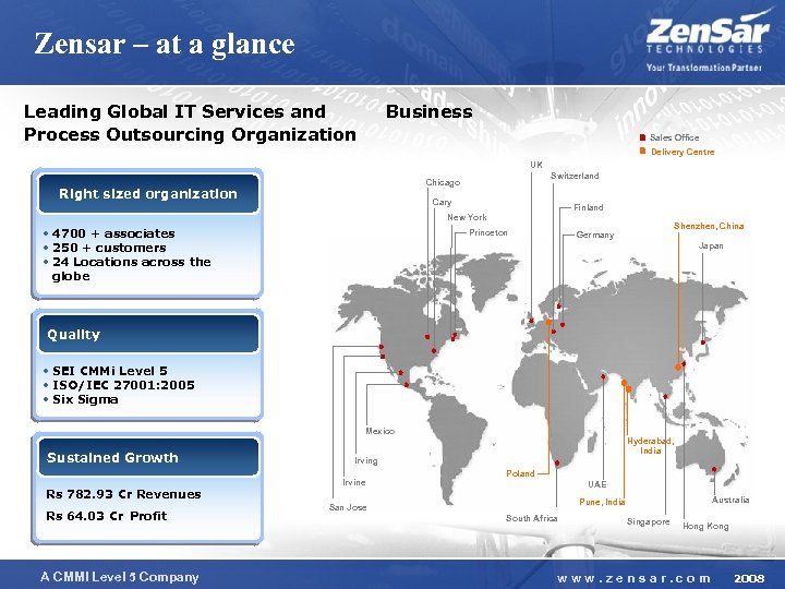 Zensar – at a glance Leading Global IT Services and Process Outsourcing Organization Business