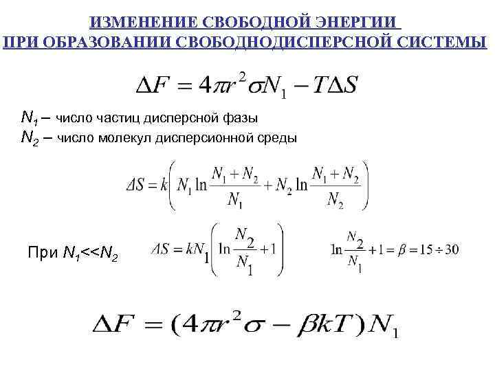 ИЗМЕНЕНИЕ СВОБОДНОЙ ЭНЕРГИИ ПРИ ОБРАЗОВАНИИ СВОБОДНОДИСПЕРСНОЙ СИСТЕМЫ N 1 – число частиц дисперсной фазы