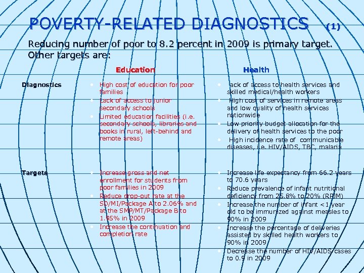 POVERTY-RELATED DIAGNOSTICS (1) Reducing number of poor to 8. 2 percent in 2009 is