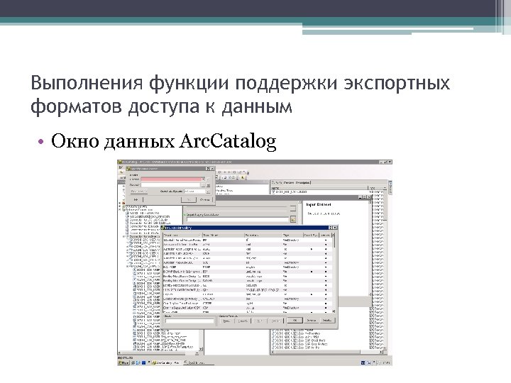 Выполнения функции поддержки экспортных форматов доступа к данным • Окно данных Arc. Catalog 