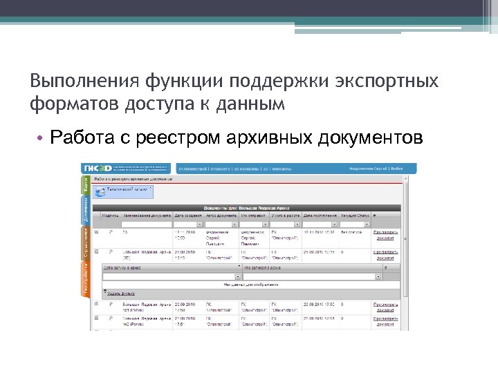 Выполнения функции поддержки экспортных форматов доступа к данным • Работа с реестром архивных документов