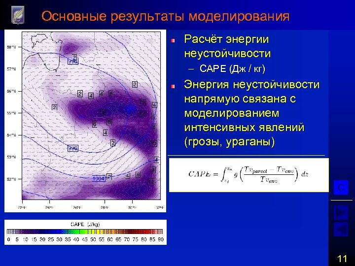 Основные результаты моделирования Расчёт энергии неустойчивости – CAPE (Дж / кг) Энергия неустойчивости напрямую