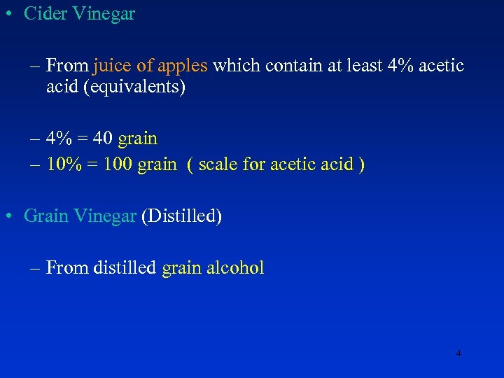  • Cider Vinegar – From juice of apples which contain at least 4%