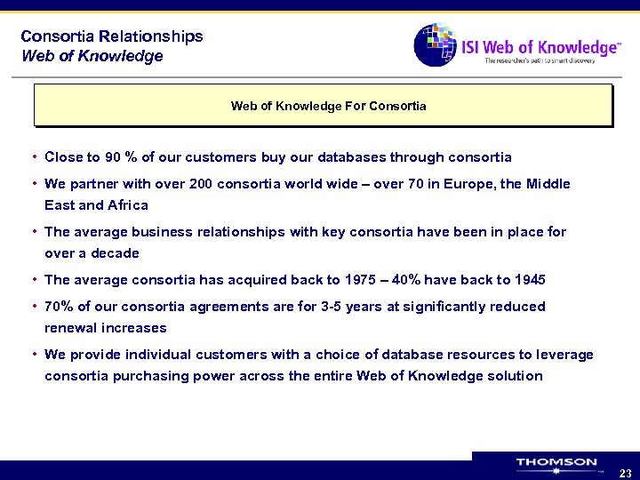 Consortia Relationships Web of Knowledge For Consortia • Close to 90 % of our
