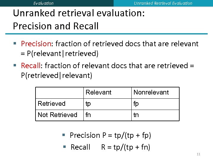 Unranked Retrieval Evaluation Unranked retrievaluation: Precision and Recall § Precision: fraction of retrieved docs